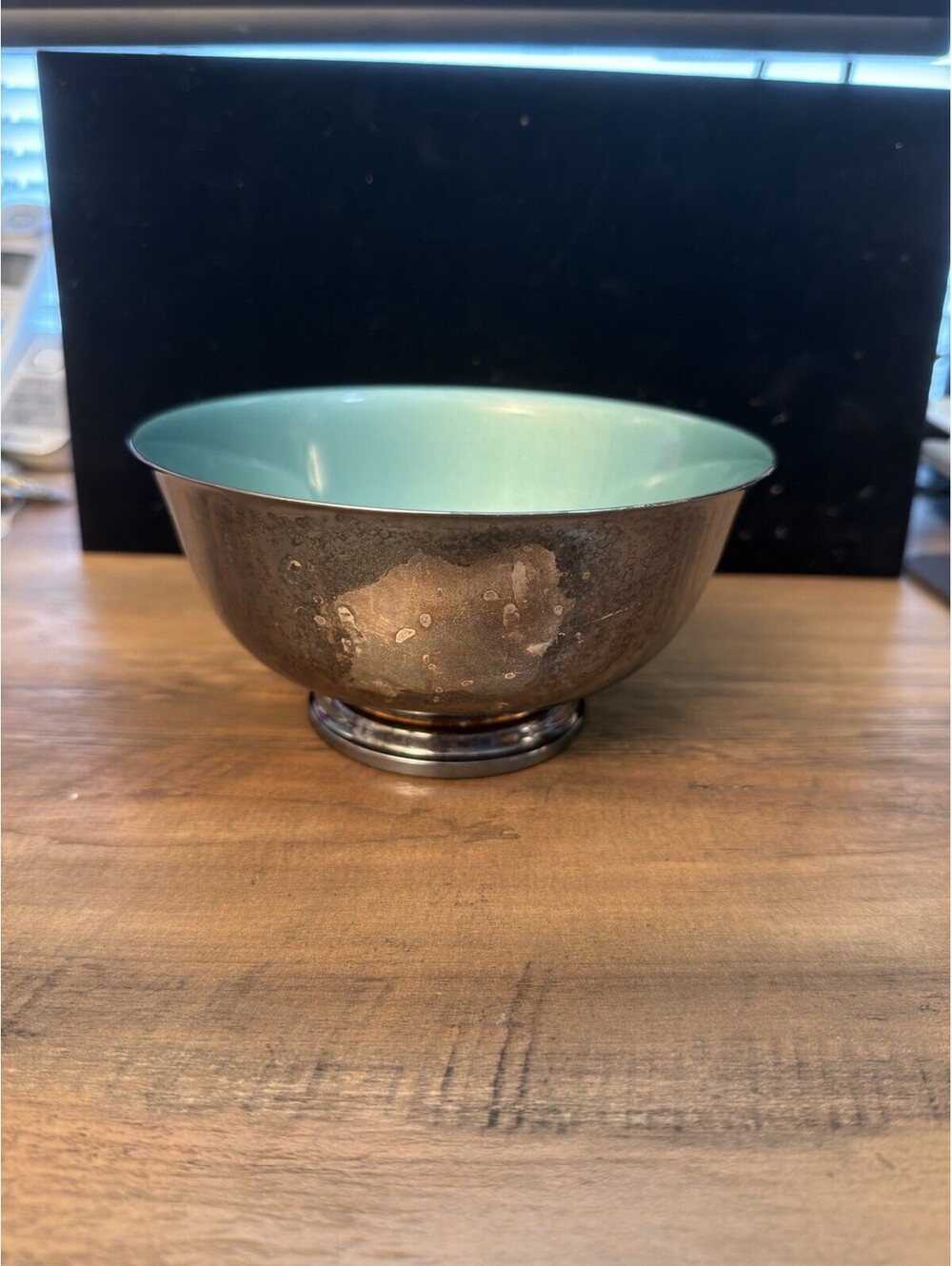 Reed & Barton Paul Revere Teal Enamel Silverplate Footed Bowl 1120 6.5"